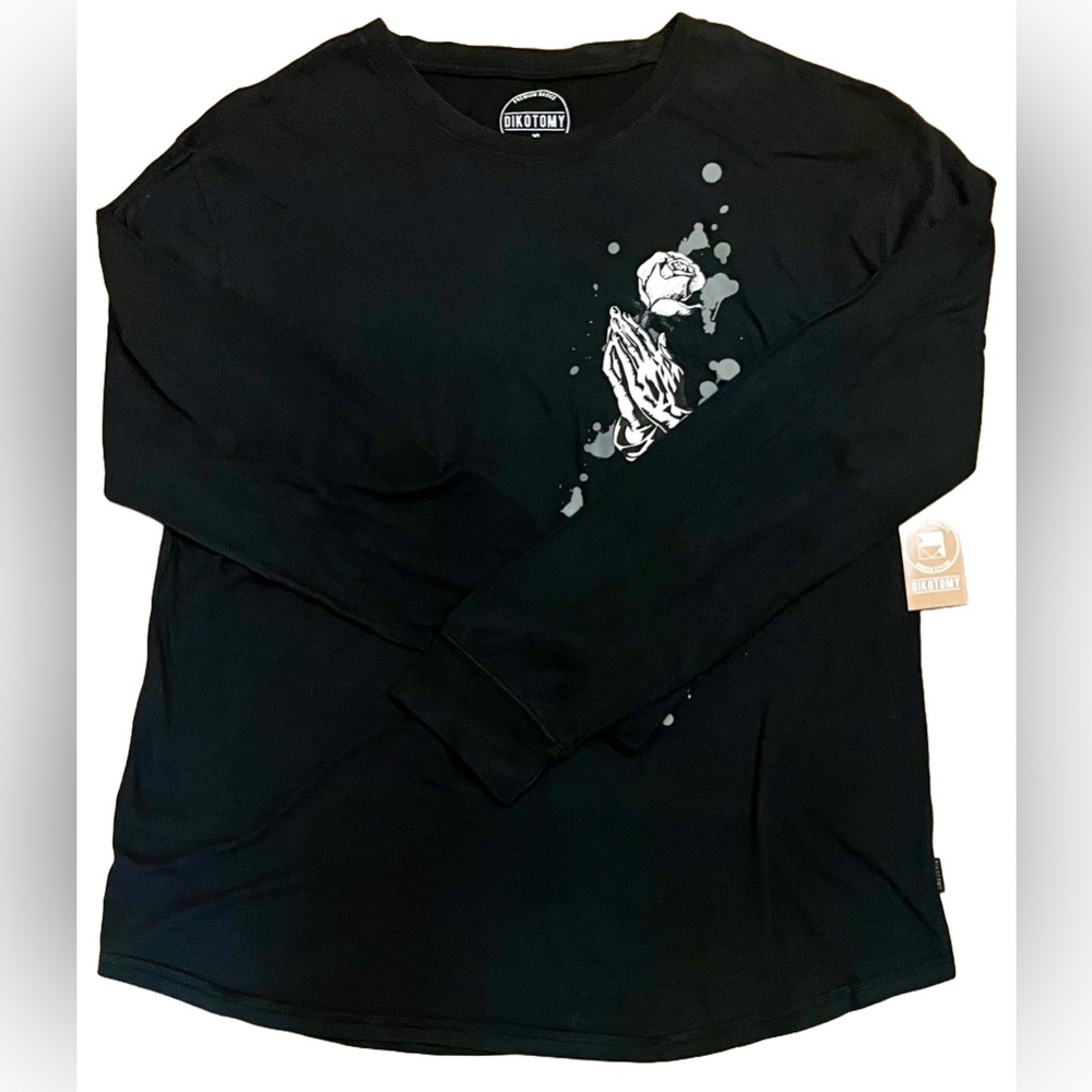 NWT DIKOTOMY Black Long Sleeve Tee w/ Praying Hands Holding Rose XL
